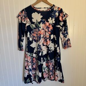 Annabelle Womens Floral 3/4 Sleeve Dress with Ruffled Shoulders & Pockets Size S